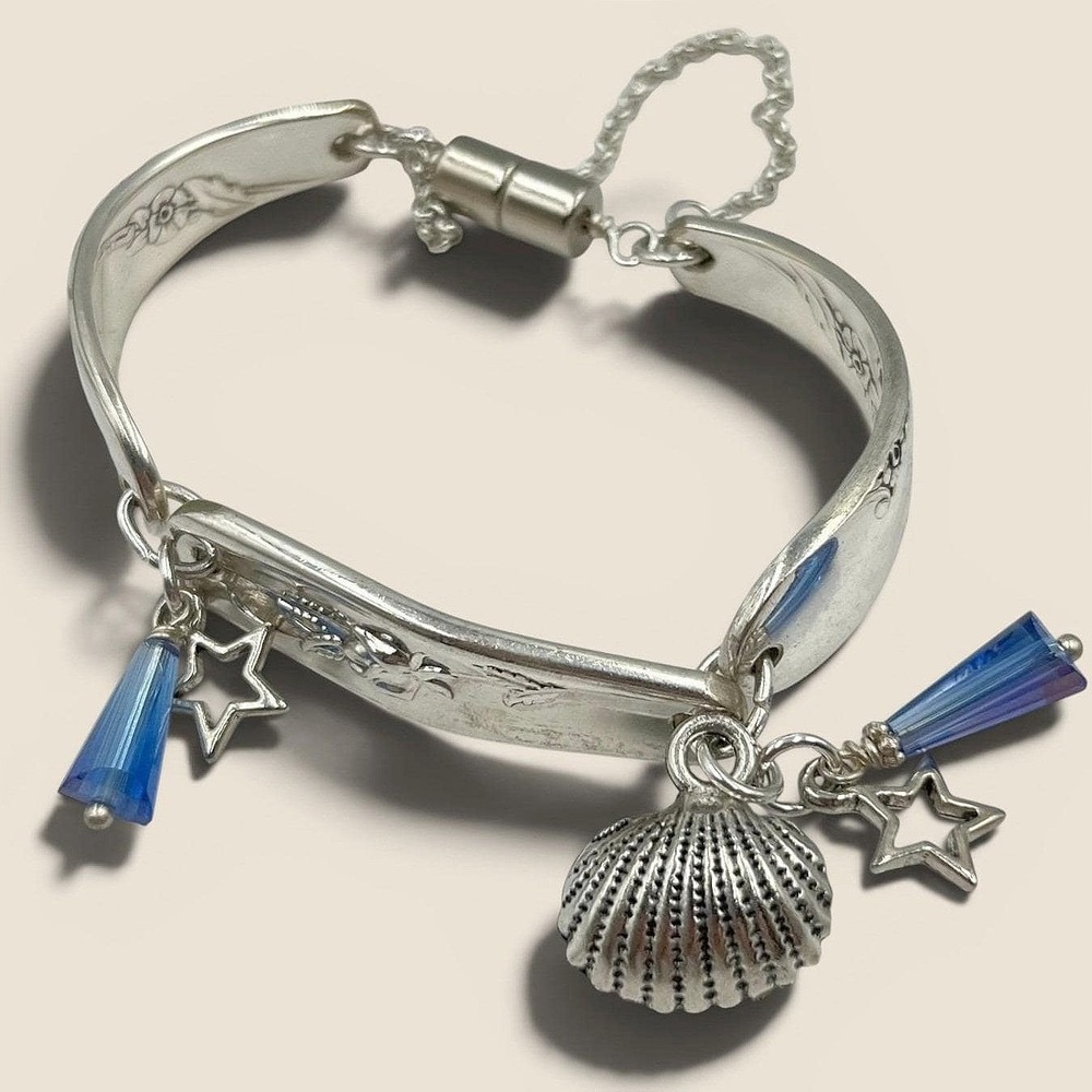 Vintage Spoon Handle Charm Bracelet Silver Shell Star Blue Crystal Classic Retro